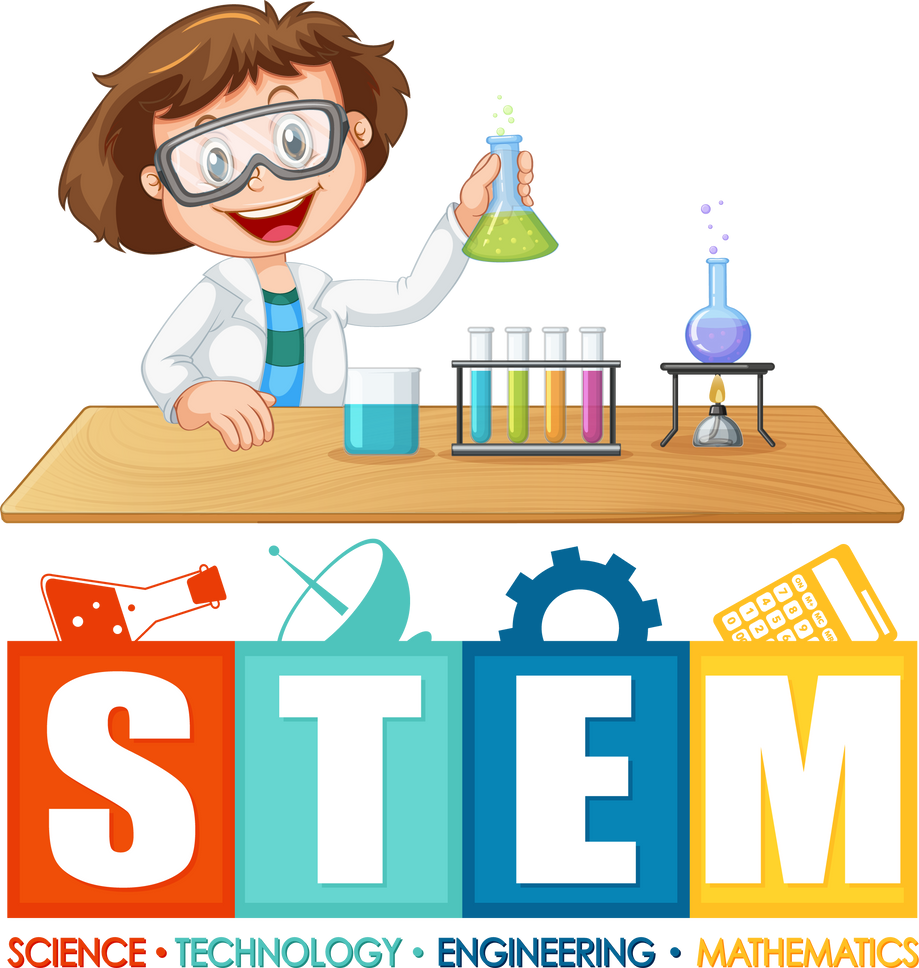 Scientist Girl Cartoon Character with STEM Font Logo